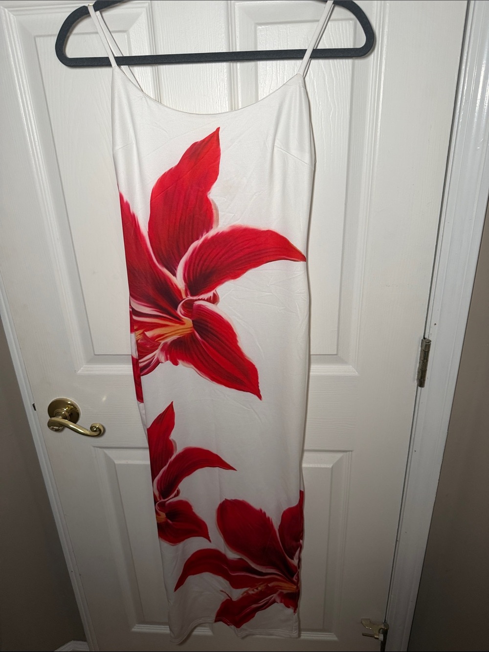 White Slip Dress with Red Floral Print - Women's